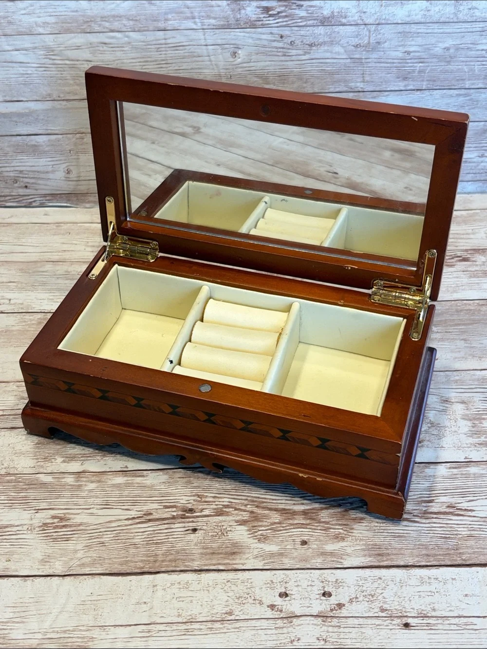 Wooden Jewelry Box with Mirror - Brown & Cream